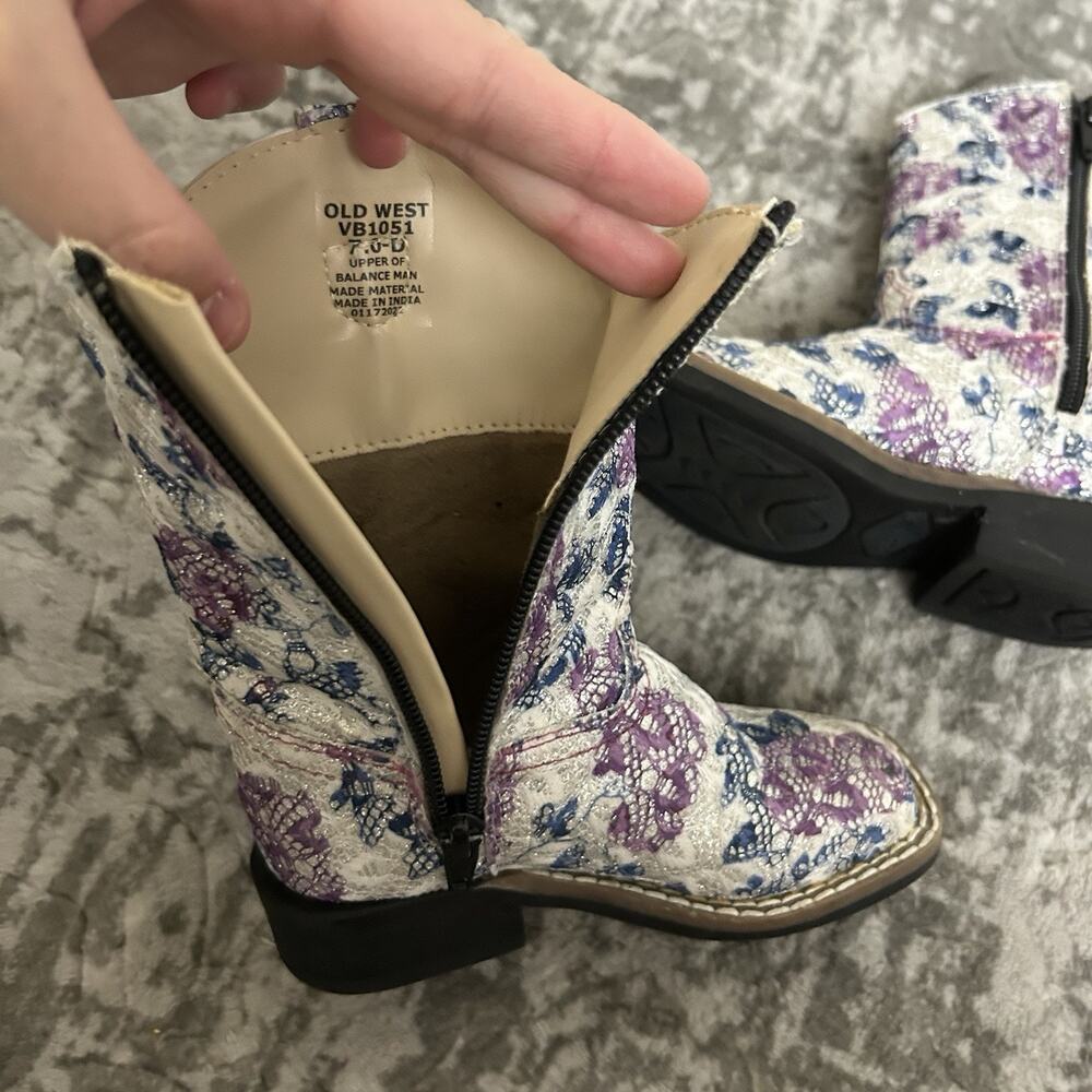 Old West Western Boots Girls Toddler Size 7.0-D Child Floral Sparkle Square Toe - Picture 10 of 12